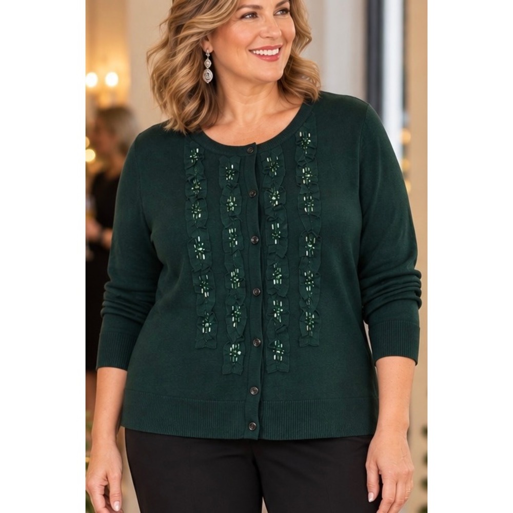 CJ Banks Green Beaded Ruffle Cardigan 1X NWT Cotton Knit Holiday Sweater